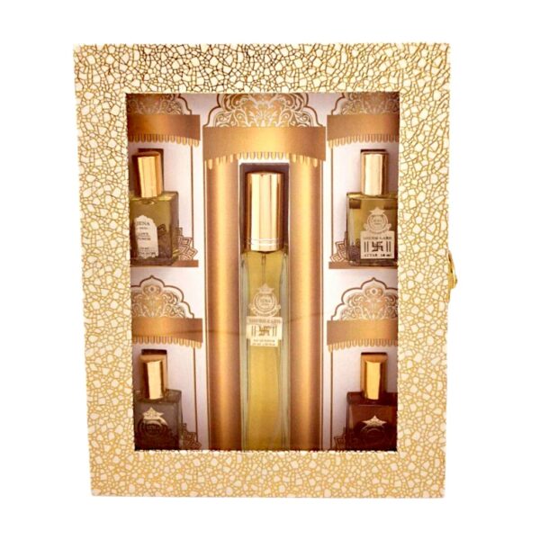 Sandalwood lover gift set with 4 attars and 1 perfume. Iena chandanraj gift box with combo of attar and fragrance. Gift for womens and mens |  Long-lasting fragrance | Ultra rich gift.